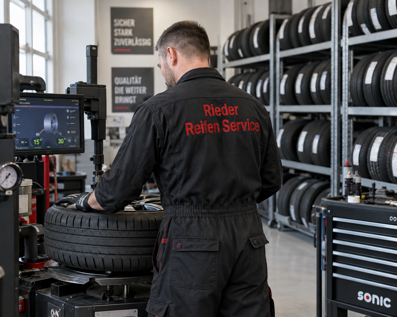 Monteur bei der Arbeit – Rieder Reifen Service